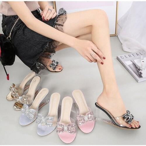 STAN SHARK 2020 Ladies Rhinestone Transparent 8cm Wedges slippers High Heel Crystal slippers Women Summer Peep Toe Sandals