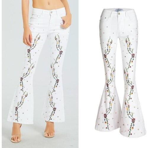 2021 Womens Skinny Denim Trousers Wide Leg Pants White Embroidery Horn Stretch Slim Fit Jeans Girl
