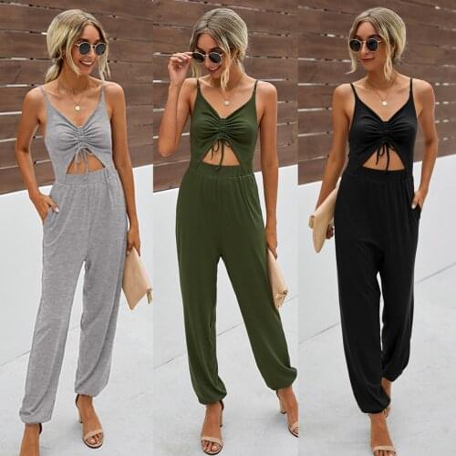 Jumpsuit Womens Clothing 2021 Drawstring Sling With Pockets Combinaison Femme Casual Playsuit Overalls For Women Monos Mujer