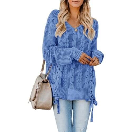 Casual Blue Sweaters Women 2020 Autumn and Winter Solid Long Sleeve V-neck Oversized Jumpers Plus Size Loose Knitted Pullovers