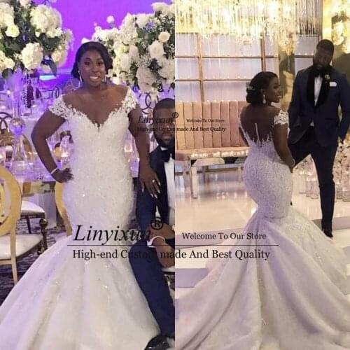 African Bride Mermaid Wedding Dresses 2020 Off Shoulder Sleeveless Lace V-Neck Long Chapel Train Bridal Gowns Vestidos de novia