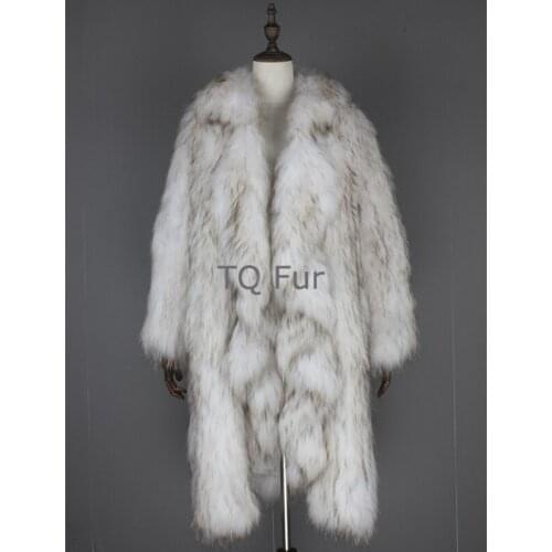 Winter Women Overcoat Knit Raccoon Fur X-Long Coat With Falbala Collar Full Sleeves Outerwear Natural