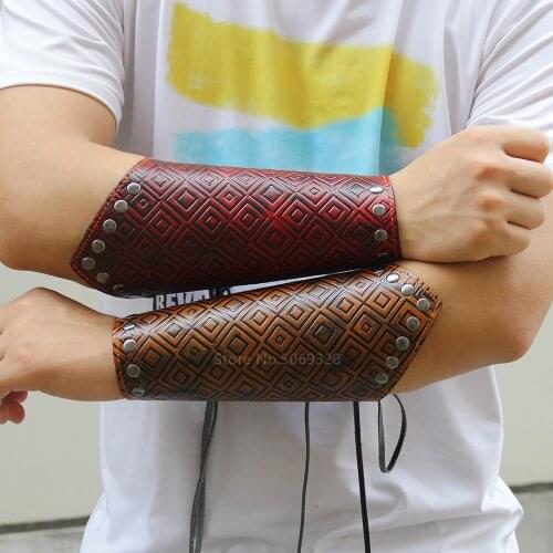 1Pc Men Medieval Armor Cosplay Leather Arm Warmers Bandage Viking Pirate Knight Gauntlet Wristband Bracer Steampunk Accessories