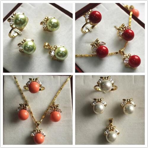 10mm Round South Sea Shell Pearl Earrings rRing Pendant Necklace Set AAA