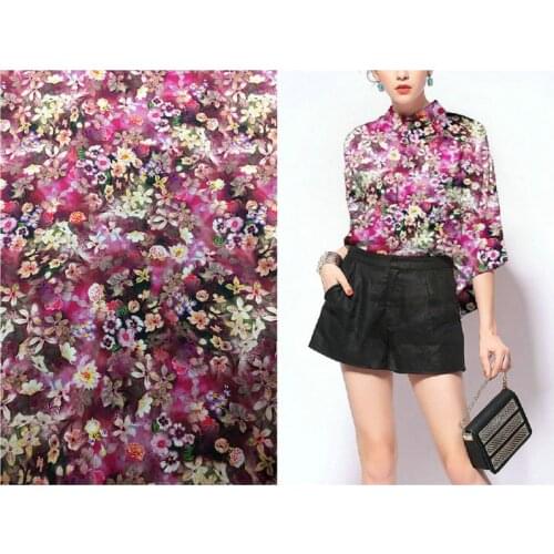 108cm wide 19mm 97% mulberry silk & 3% spandex small flower print stretch purple silk satin fabric for dress shirt clothes