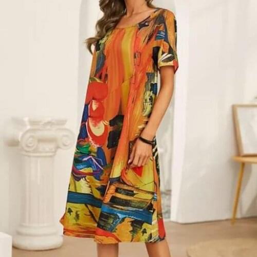 40# Plus Size Colorful Print Dress O Neck Straight Dresses For Woman Vintage Casual Short Sleeve Summer Dress 2021 Vestidos