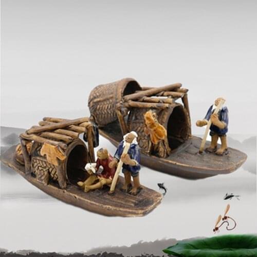 Aquarium Fish Tank Boat Fishman Ceramic Figurine Craft Landscape Garden Pot Plant Decor Ornament