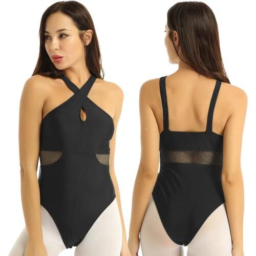 Ballet Dance Leotard Women Sleeveless Front Cross Neck Fishnet Splice Waist High Cut Tracksuit Gymnastics Leotard Dance Bodysuit