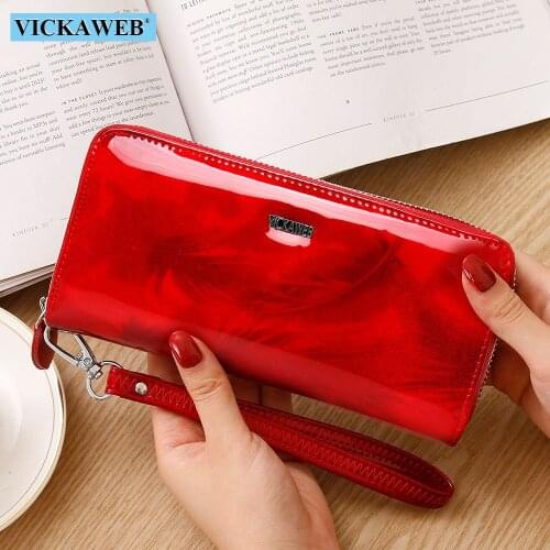 VICKAWEB Shiny Genuine Leather Women Wallets Zipper Card Holder Solid Purses Female Long Wristlet Wallet Ladies Coin Purse AL38