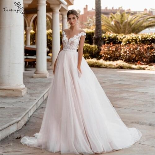 Boho Wedding Dresses Beach Bridal Gowns Plus Size Lace Appliques Pearls Belt Sheer O-Neck A-Line Bride Dress Vestido De Noiva