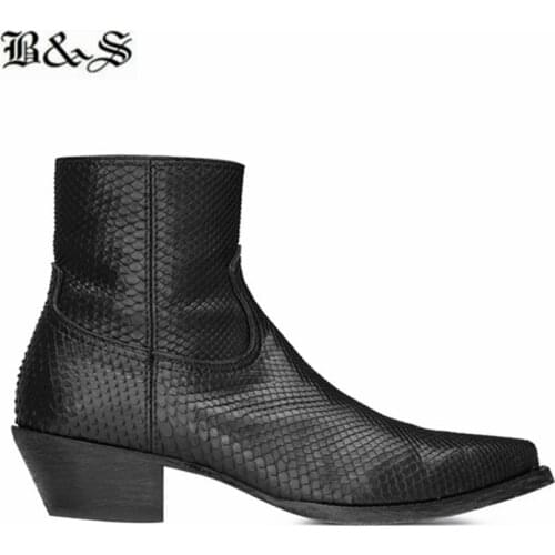 2019 Black& Street High End Handmade customized wedge High Heel denim boots Snake texture cow leather skinny slim fit Boots