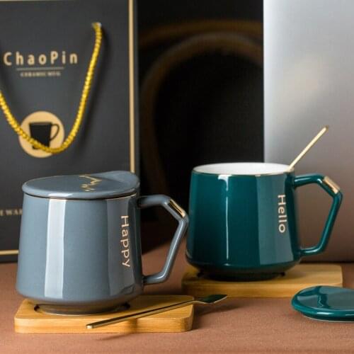 Nordic mug coffee mug cups ceramic cup office household water cup breakfast milk cup with lid spoon 300ml-400ml CN(Origin)