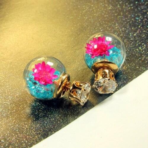 Korean Fashion Women Lady Elegant Rose Glass Ball Flower Rhinestone Metal Stud Earrings for Women Jewelry Earring