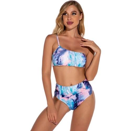 2021 New Ladies Swimwear One-shoulder Tie-dye Printing High Waist Split Fashion Sexy Beach Bikini