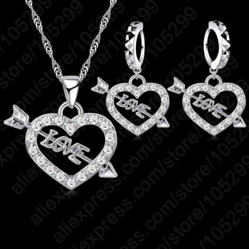 New Arrivals Hot Selling Love Heart Shape Cubic Zirconia Necklaces And Earrings 925 Sterling Silver Women Jewelry Sets