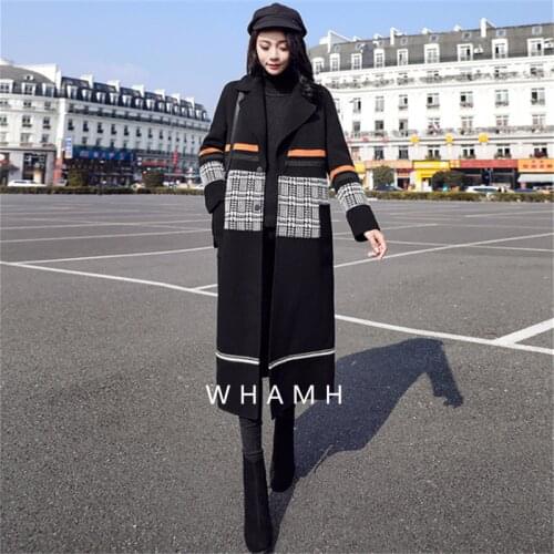 2020 new womens autumn winter plus size long woolen coat female stitching hit color over knee woolen fashion Chinese style top