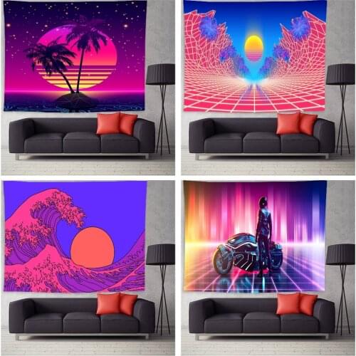 Retro Wave Neon Background Tapestry Wall Hanging Blanket Red Sun Background Cloth Tapestries Decor for Living Room College Dorm