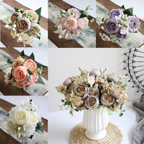 30cm Rose Pink Silk Peony Artificial Flowers Bouquet 5 Big Head and 4 Bud Cheap Fake Flowers for Home Wedding Decoration indoor