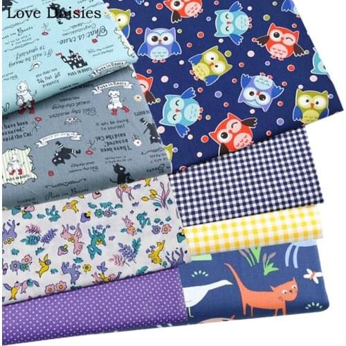 Cartoon GREY BLUE NAVY Owl Cat In Boots Deer Birds Sheep 100% Cotton Twill Fabric for Kids Clothes Patchwork Quilt Sheet Pillow