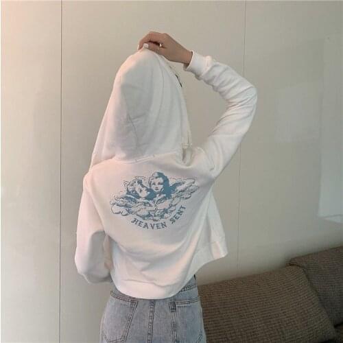 Deeptown Angel Print Hoodie Women Cotton Zip Up Crop Top Korean Style 2021 Fashion Long Sleeve Harajuku Vintage Graphic Coat