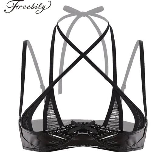 Women Sheer Fishnet Splice Wetlook Black Patent Leather Lingerie Halter Adjustable Spaghetti Straps Front Cross Push Up Sexy Bra