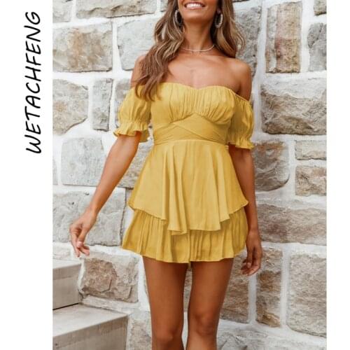 Overalls For Women Summer Sexy Shorts Rompers Yellow Ruffles Sleeve 2021 Beach Dress Playsuits One Piece Outfits Female Clothing