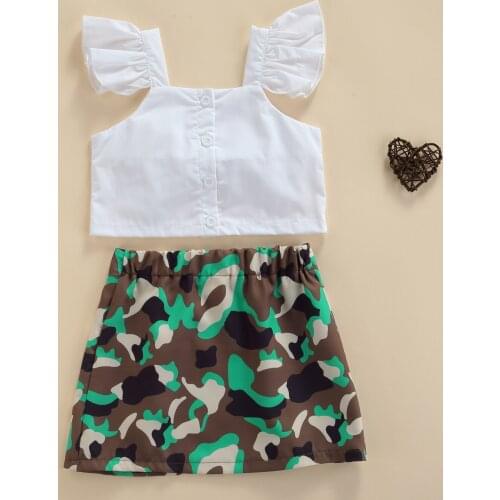 1-6Y Girl’s Skirt Two Pieces Suit Sweet Solid Color Bow Fly Sleeve T-shirt and Camouflage Short Skirt