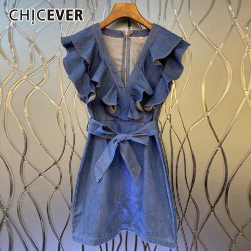 CHICEVER Denim Dress For Women V Neck Butterfly Short Sleeve High Waist Patchwork Ruffles Bodycon Mini Dresses Female 2021 Tide