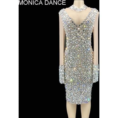 Women Sexy Sparkly Silver Big Crystals Transparent Dress Evening Birthday Celebrate Luxurious Costume Dancer Flashing Dress