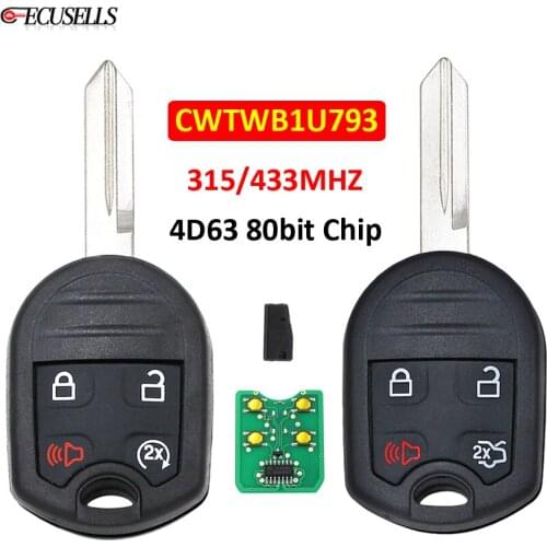 4 Button Remote Car Key 315Mhz 433Mhz 4D63 80bit Chip for Ford Edge Escape Flex for Lincon for Mazda for Mercury FCC: CWTWB1U793