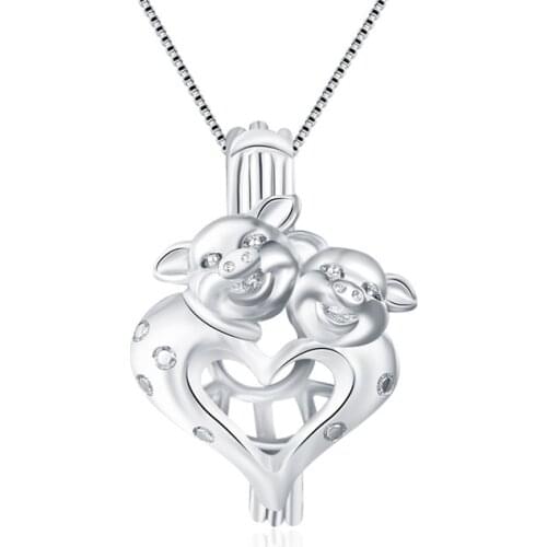 CLUCI 925 Sterling Silver Cage Pendant Double Pigs Necklace Pendant for Friendship Pig Silver Cage Pendant Pearl Locket SC080SB