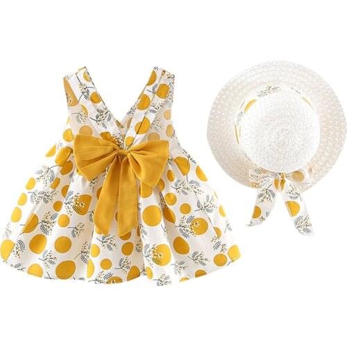 Toddler childrens dress princess Sling Polka Sleeveless Strap Dot Print Bow Princess Dresses Hat Sundress L102