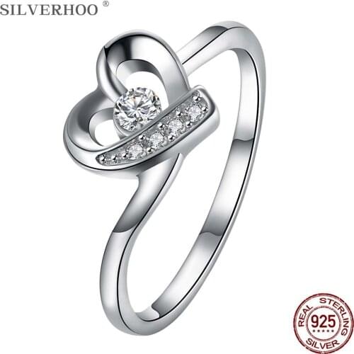 SILVERHOO 925 Sterling Silver Rings For Women Zircon In Heart Shape Romantic Ring Party Fine Simple Gift Jewelry New Arrival