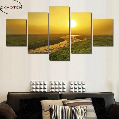 OKHOTCN Artist Canvas Sunset Country Road Painting Sun River HD Printed Canvas Artwork Wall Pictures For Living Room Posters