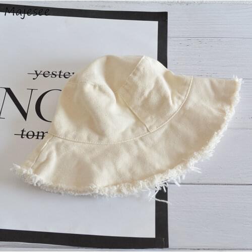 Soft Denim Bucket Hats Women Flat Solid Frayed Wide-brim Summer Sun Protection Cap Korean Version Vintage Trendy Simple Teens