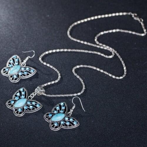 Turquoise Retro Butterfly Jewelry Sets Pendant Earring 925 Silver Necklace Fashion Charm Accessories Amulet for Men Women Gifts
