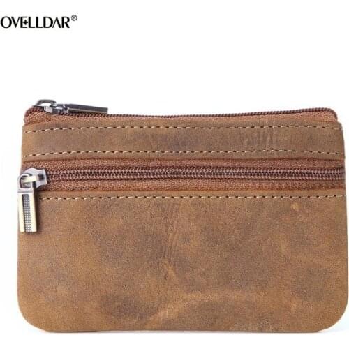 Genuine Leather Coin Purse Female Coin Storage Bag Crazy Horse Leather Zipper Key Case Card Case Vintage Zipper Coin Wallet