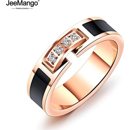 JeeMango Trendy Stainless Steel Wedding Ring Rose Gold Color Ring For Women AAA Cubic Zirconia Female Engagement Jewelry JR19103