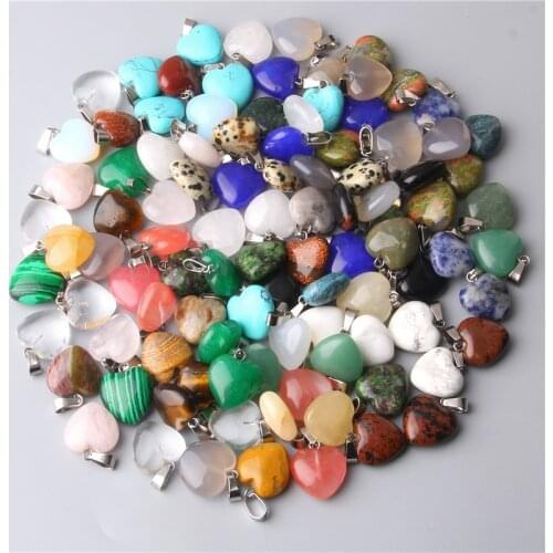16mm Natural Gemstones Quartz Crystal Turquoises TigerEye Opal Aventurine Stone Charm Heart Pendants for Diy Jewelry Making 5pcs