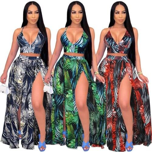 Leaves Print Women Two Piece Dress Set Spaghetti Strap Crop Top And High Split Maxi Skirts Summer Holiday Beach Dress Plus S-XXL