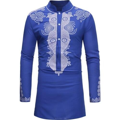 Blue African Dashiki Print Dress Shirt Men 2020 Brand Streetwear Longline African Clothes Men Slim Fit Long Sleeve Chemise Homme