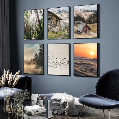 Scandinavian Nature Bird Landscape Wall Art Poster Sunset Waves Ocean Print Foggy Forest Painting Decorative Picture Modern Home