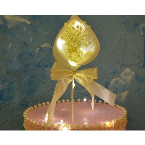 Elegant White Pearl Flower LED String Lights Birthday Cake Topper Flag Decoration Baby Shower Wedding Party Decor Supplies Gifts