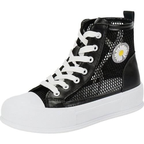 2021 Women Breathable High Top Round Toe Platform Boots Lace Up Height Increased Shoes Woman Rimocy Hollow Canvas Ankle Boot