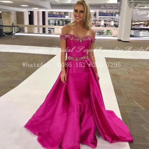Fuchsia Satin Mermaid Formal Evening Dresses With Beads Crystal 2021 Women Long Boat Neck Prom Dress Party Gown Robe De Soiree