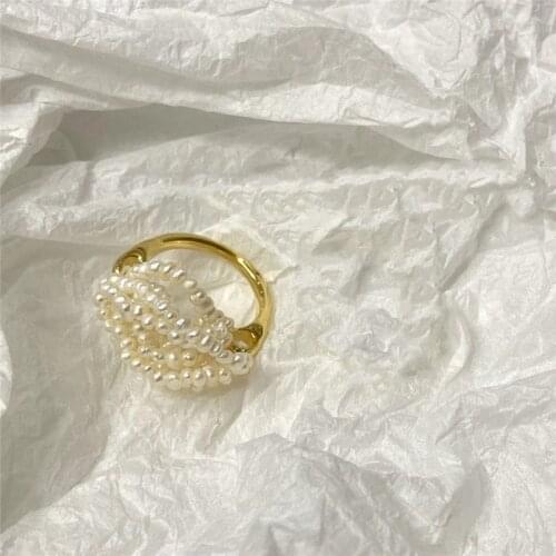 Minar Korean Retro Natural Freshwater Pearl Charm Rings for Women Gold Color Alloy Beads Adjustable Ring Baroque Accessories