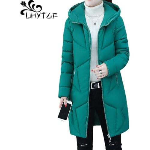 UHYTGF Mid-Length Winter Coat Women Quality Down Jacket Casual Warm Top Hooded Cold-Proof Lightweight Parker Female Outwear 1180