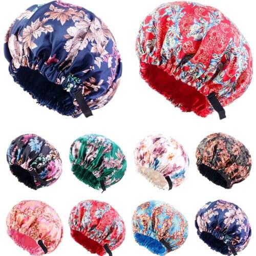 1PC Bonnets Elastic Reversible Extra Large Satin Night Sleeping Cap for Curly Natural Hair Women Girl Head Wrap Printed Beanies