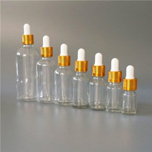 5/10/15/20/30/50/100ml Essential Oil Bottle Clear White Rubber Head Dropper Gold Thread Cap Empty Glass Cosmetic Container