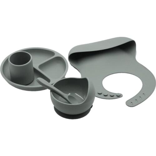 5PCS/Set Baby Plate Bowl Spoon Bib Set Food Grade Silicone Kitchenware Suction Childrens Tableware Silicone Dishes R9JD